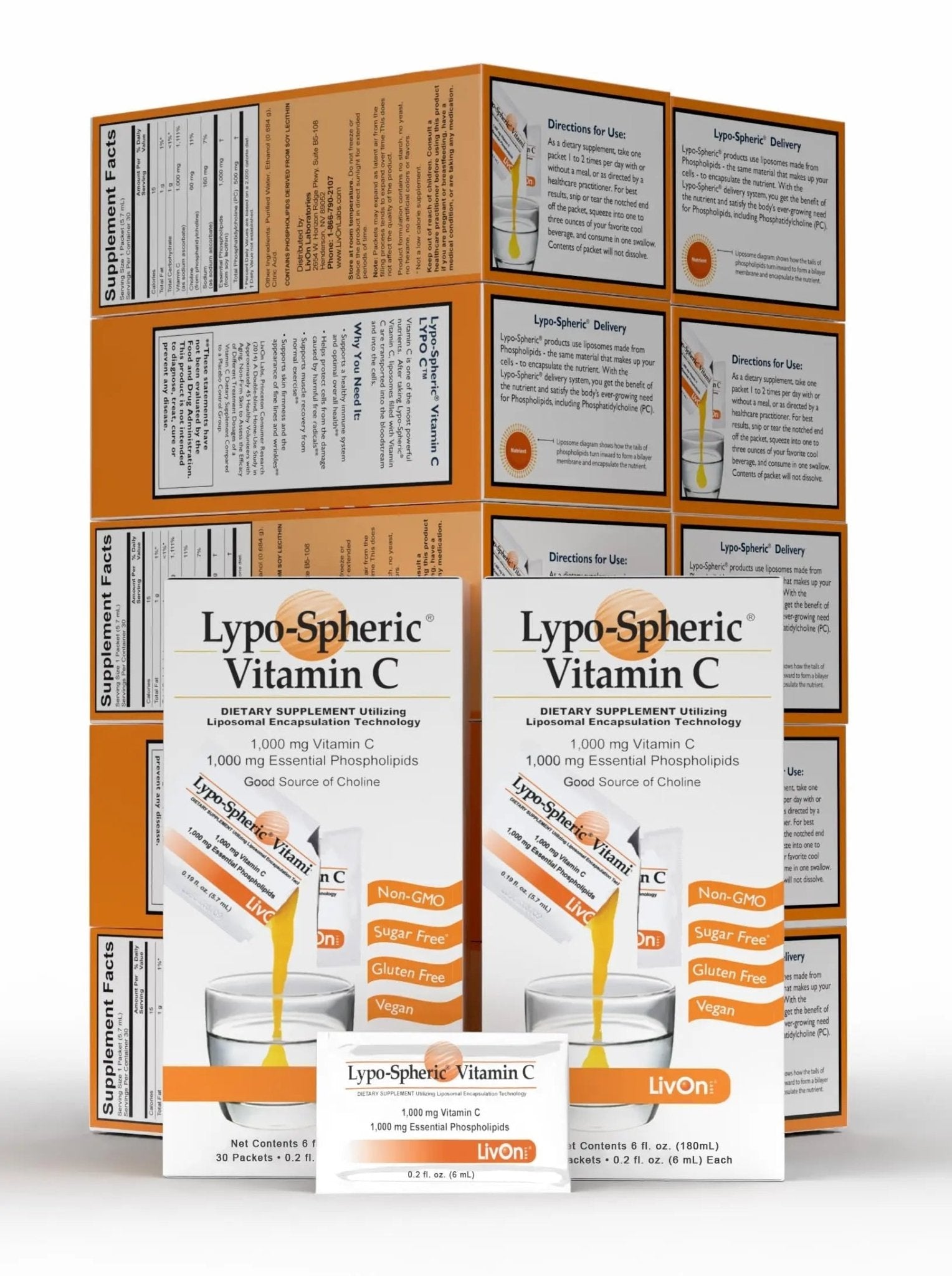 LivOn Laboratories - Lypo–Spheric Vitamin C – 1,000 mg Vitamin C & 1,000 mg Essential Phospholipids Per Packet – Liposome Encapsulated for Improved Absorption – Non–GMO - 12 Pack (360 Count) - TrustMedUSA