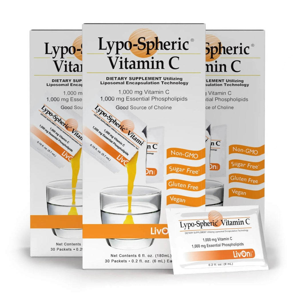LivOn Laboratories Lypo–Spheric Vitamin C – 3 Cartons (90 Packets) – 1,000 mg Vitamin C & 1,000 mg Essential Phospholipids Per Packet – Liposome Encapsulated for Improved Absorption – 100% Non–GMO - TrustMedUSA