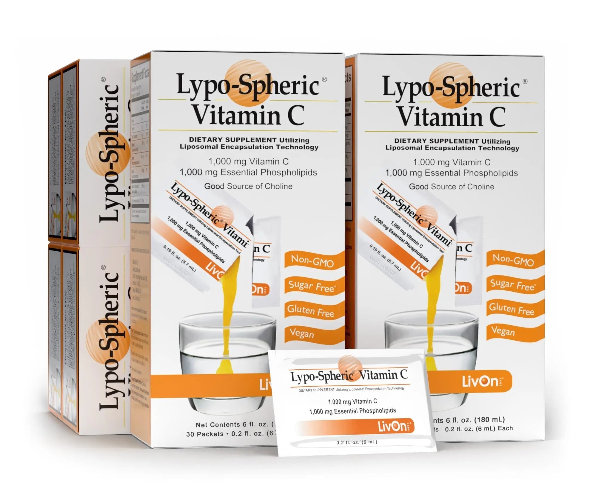 LivOn Laboratories Lypo–Spheric Vitamin C – 6 Cartons (180 Packets) – 1,000 mg Vitamin C & 1,000 mg Essential Phospholipids Per Packet – Liposome Encapsulated for Improved Absorption – 100% Non–GMO - TrustMedUSA
