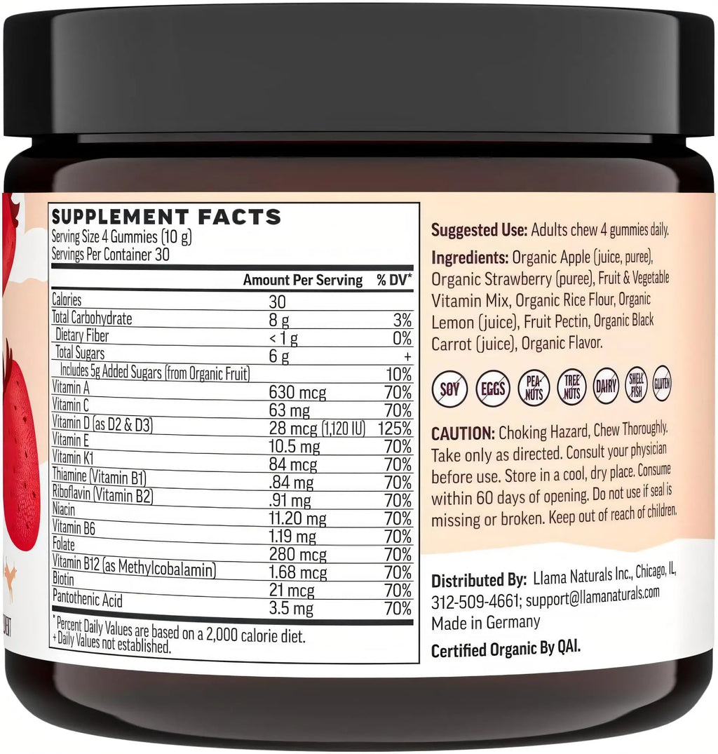 Llama Naturals Multivitamin for Women, Vegan, Organic Gummies with Vitamin D, C and K, Women's Real Fruit Gummy Vitamins - TrustMedUSA