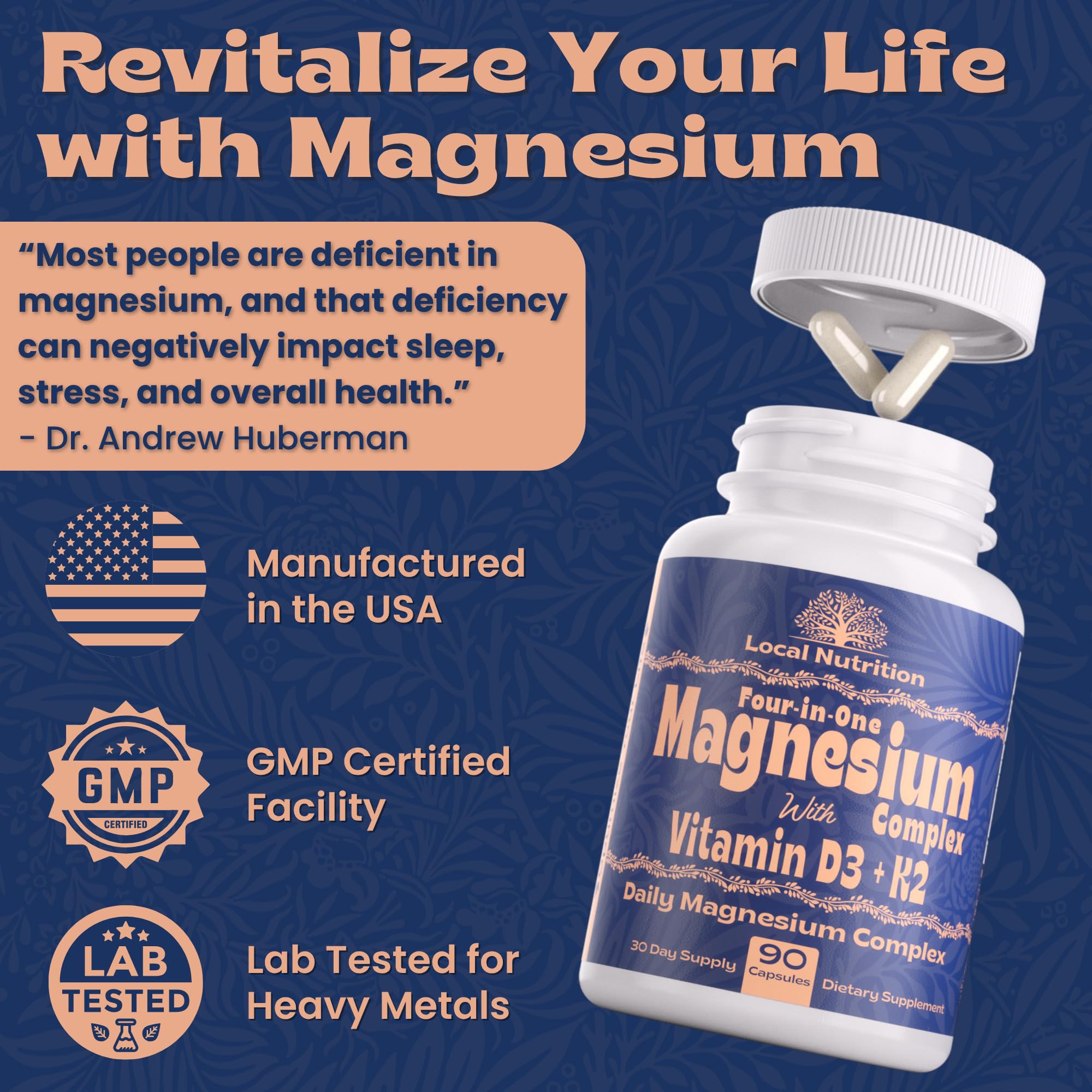 Local Nutrition Magnesium Complex 420mg with Vitamin D3 K2 - Four Bioavailable Forms Including Bisglycinate (Glycinate), Malate, Taurate, and Chloride - TrustMedUSA