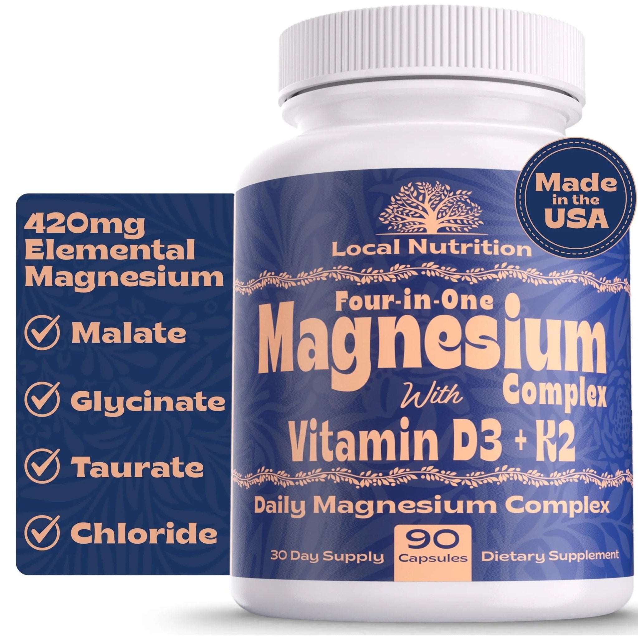 Local Nutrition Magnesium Complex 420mg with Vitamin D3 K2 - Four Bioavailable Forms Including Bisglycinate (Glycinate), Malate, Taurate, and Chloride for Superior Absorption - 90 Capsules Made in USA - TrustMedUSA