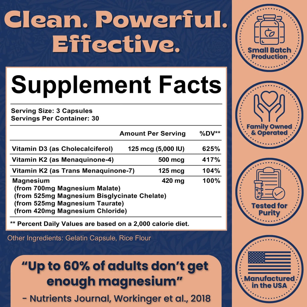 Local Nutrition Magnesium Complex 420mg with Vitamin D3 K2 - Four Bioavailable Forms Including Bisglycinate (Glycinate), Malate, Taurate, and Chloride for Superior Absorption - 90 Capsules Made in USA - TrustMedUSA