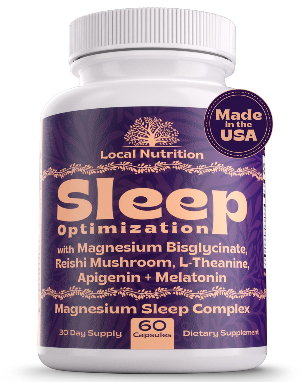Local Nutrition Natural Sleep Aid with Magnesium Glycinate, Reishi Mushroom Extract, L-Theanine, Apigenin, and Melatonin - Sleep Supplement for Adults Seeking Deep Rest - 60 Capsules, Made in The USA - TrustMedUSA