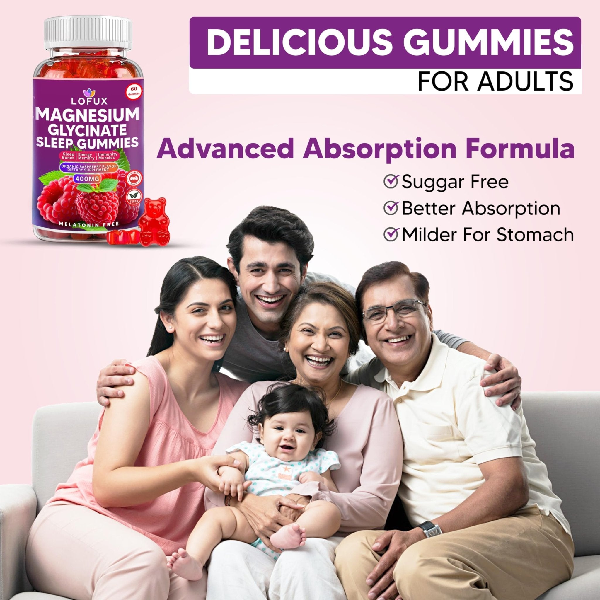 Lofux Magnesium Glycinate Gummies 400mg, Sugar Free Magnesium Gummies for Adults Women, Men, Chewable Supplement Gummy with L-Threonate, Vitamin D, B6, CoQ10 - for Calm, Sleep, Body Relaxation, 120 Ct - TrustMedUSA