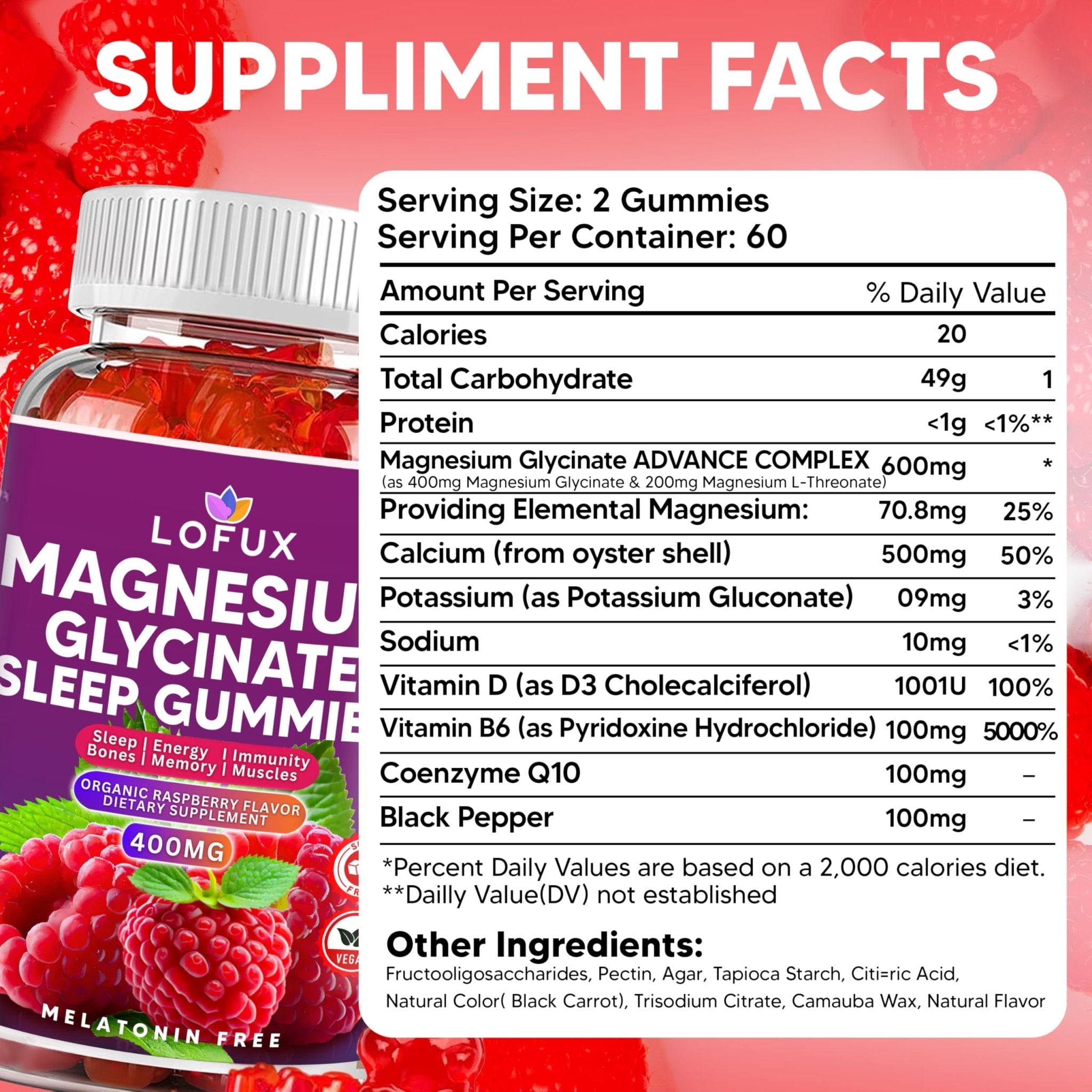 Lofux Magnesium Glycinate Gummies 400mg, Sugar Free Magnesium Gummies for Adults Women, Men, Chewable Supplement Gummy with L-Threonate, Vitamin D, B6, CoQ10 - for Calm, Sleep, Body Relaxation, 120 Ct - TrustMedUSA