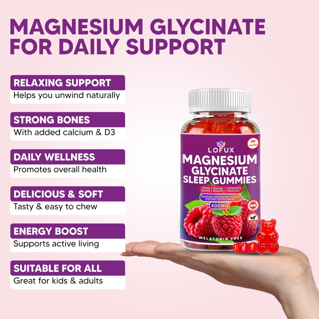 Lofux Magnesium Glycinate Gummies 400mg, Sugar Free Magnesium Gummies for Adults Women, Men, Chewable Supplement Gummy with L-Threonate, Vitamin D, B6, CoQ10 - for Calm, Sleep, Body Relaxation, 120 Ct - TrustMedUSA