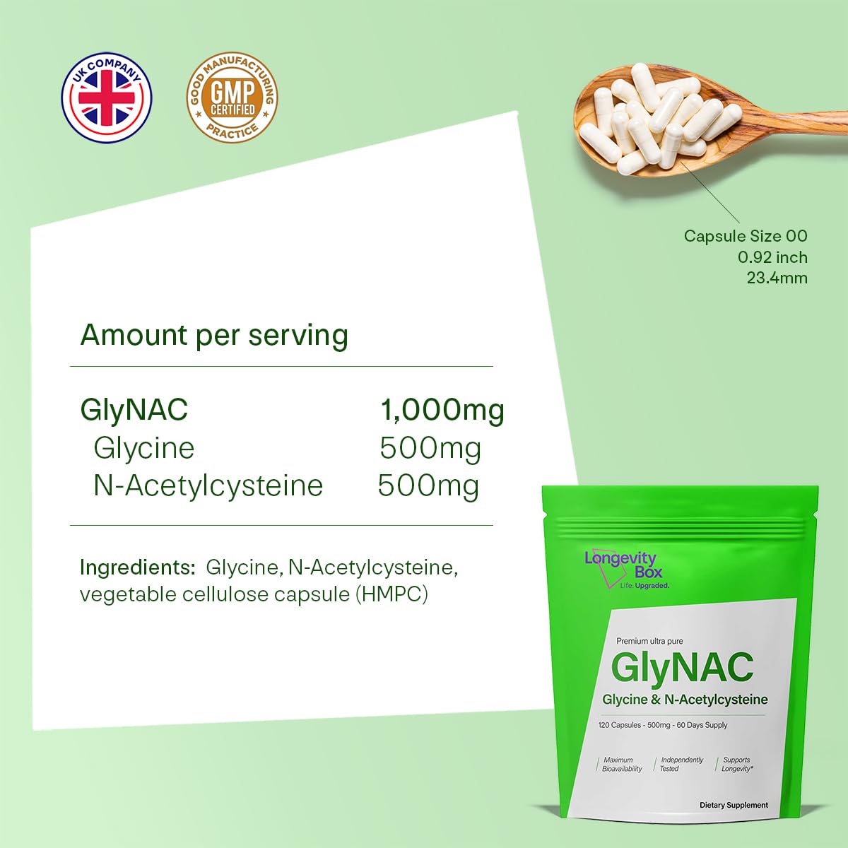 Longevity Box Ultra Pure GlyNAC Supplement 1000mg (500mg Glycine + 500mg N-Acetyl Cysteine) - Glutathione Precursor for Healthy Aging, Energy & Cellular Protection - 120 Vegan Capsules - TrustMedUSA