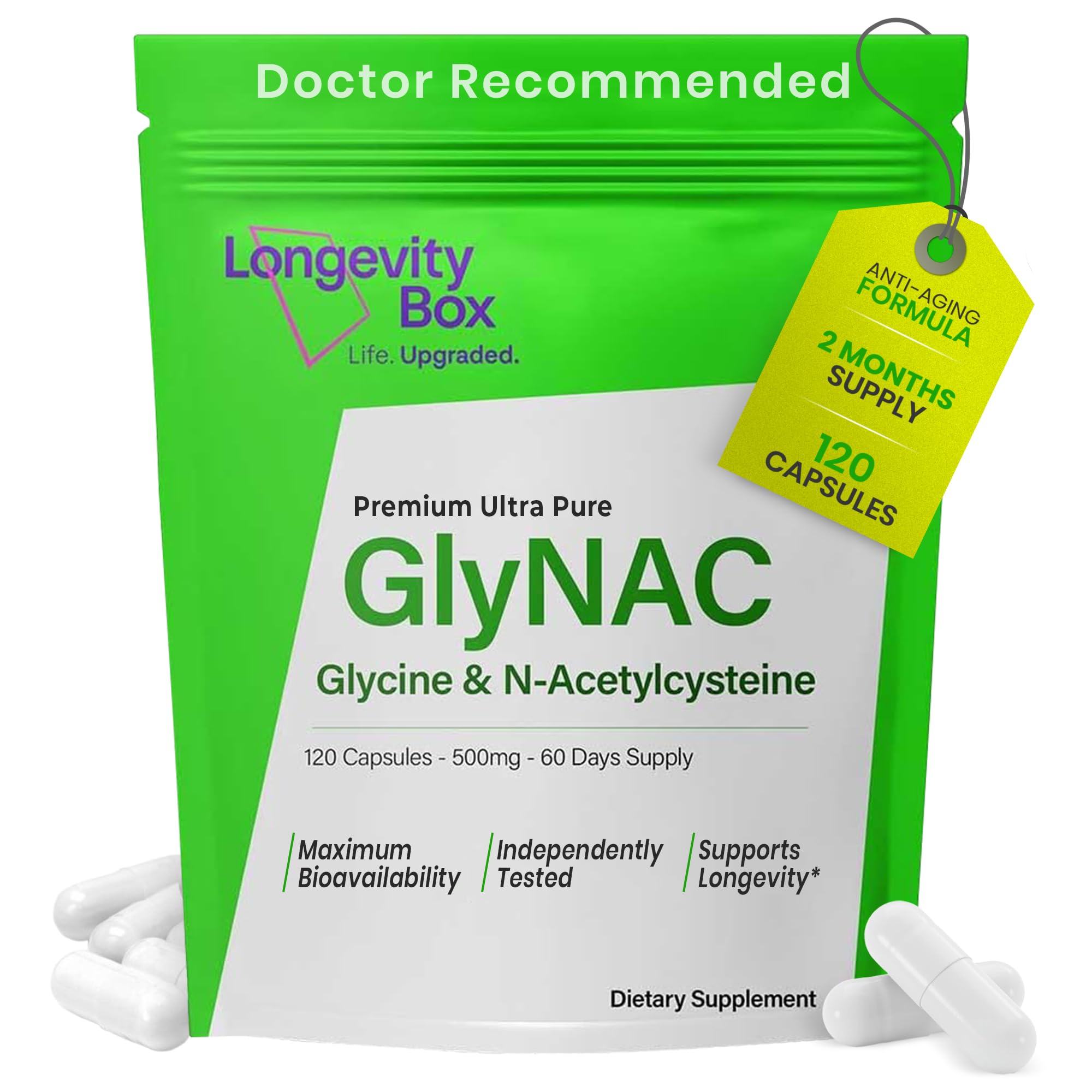 Longevity Box Ultra Pure GlyNAC Supplement 1000mg (500mg Glycine + 500mg N-Acetyl Cysteine) - Glutathione Precursor for Healthy Aging, Energy & Cellular Protection - 120 Vegan Capsules - TrustMedUSA