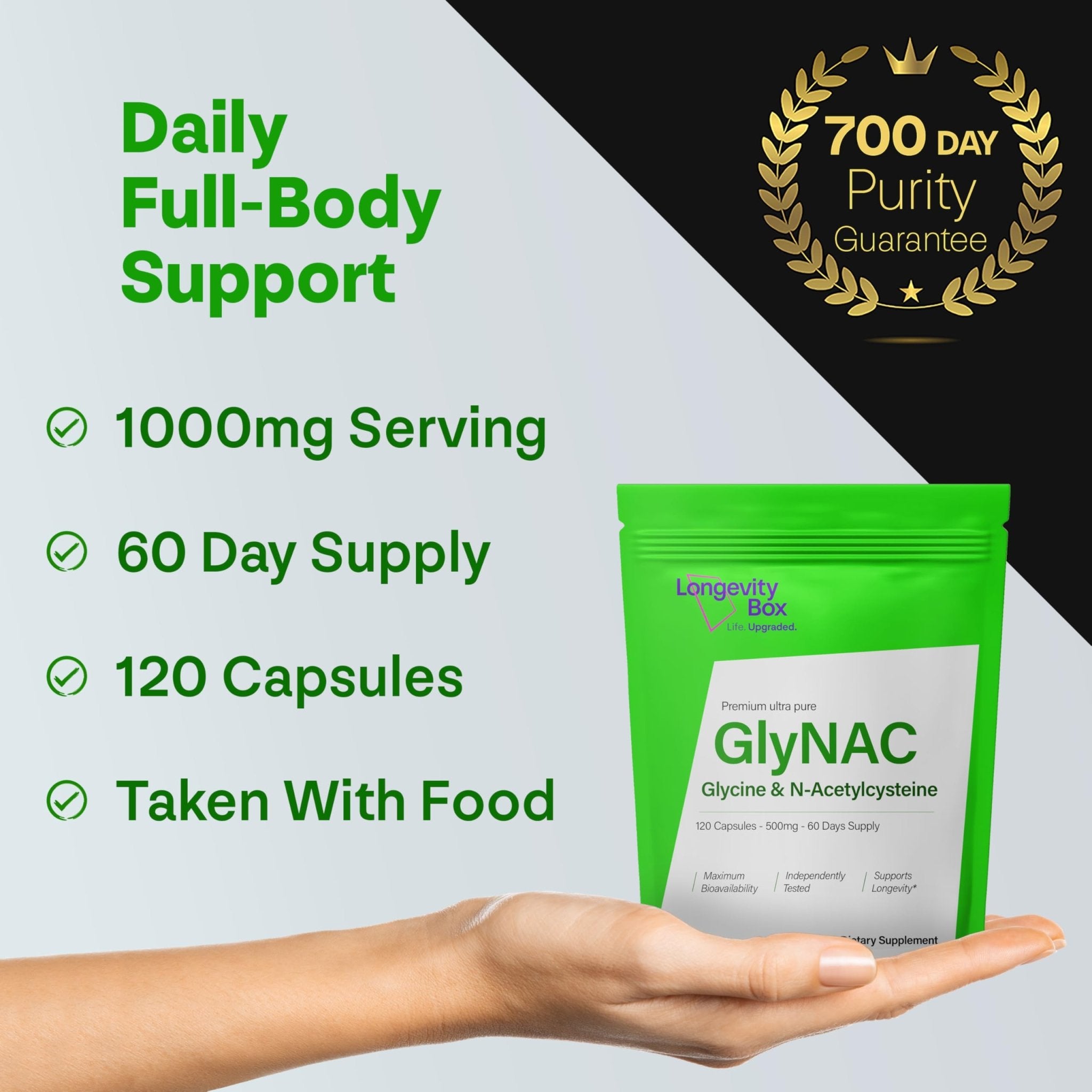 Longevity Box Ultra Pure GlyNAC Supplement 1000mg (500mg Glycine + 500mg N-Acetyl Cysteine) - Glutathione Precursor for Healthy Aging, Energy & Cellular Protection - 120 Vegan Capsules - TrustMedUSA