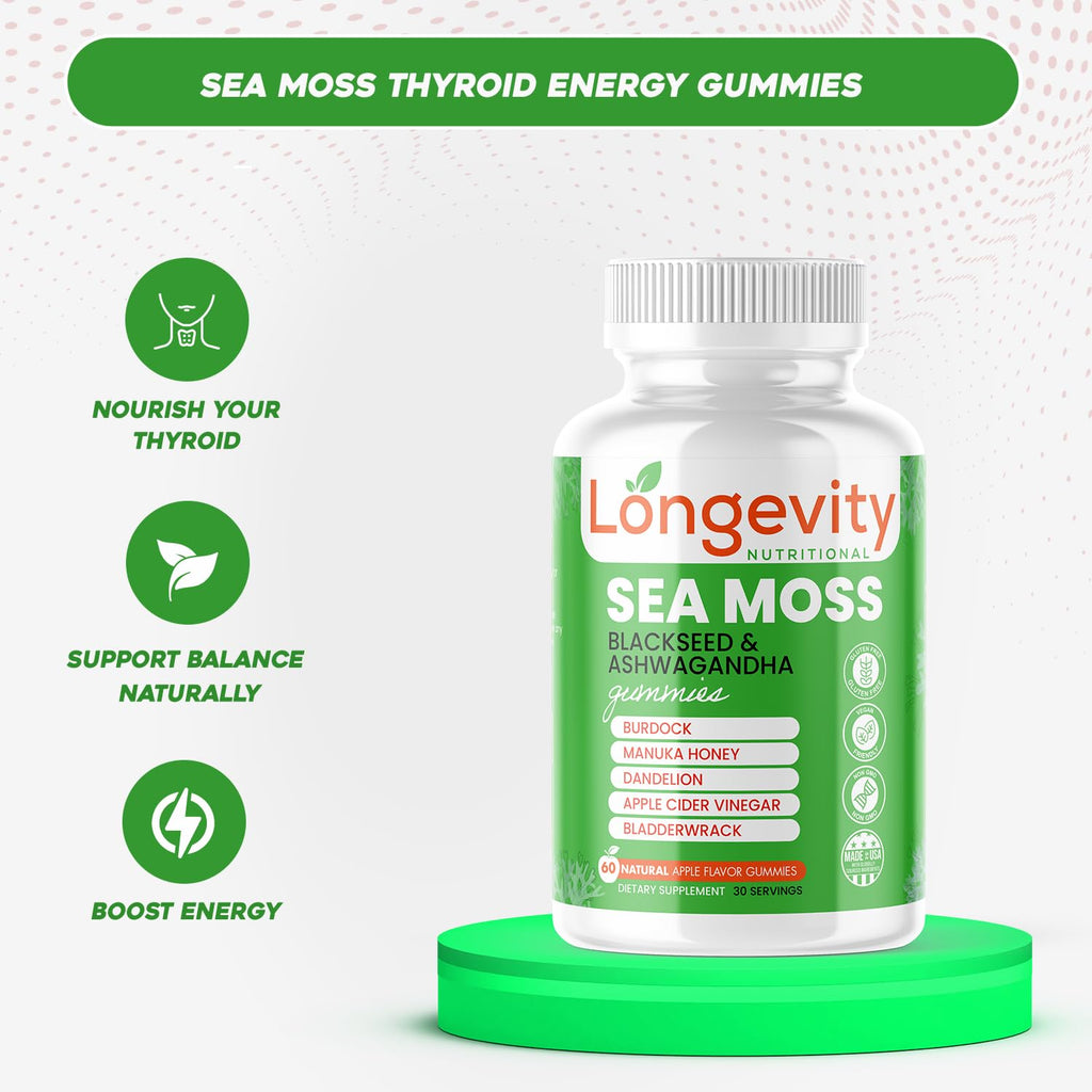 Longevity Nutritional Sea Moss, Thyroid Energy Vitamins Mineral Burdock Manuka Honey Dandelion Apple Cider Bladderwrack Ashwagandha Extract Turmeric Antioxidant Boost Immune Superfood Gummies - TrustMedUSA