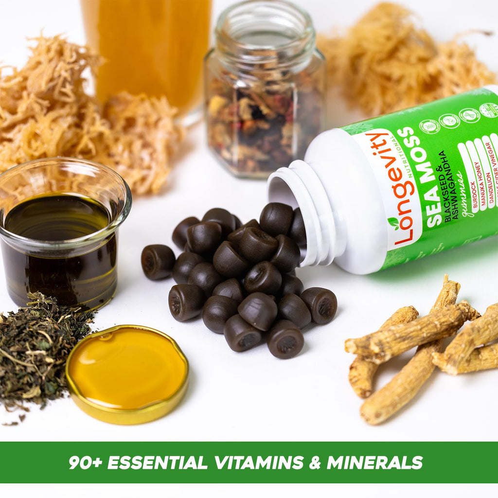 Longevity Nutritional Sea Moss, Thyroid Energy Vitamins Mineral Burdock Manuka Honey Dandelion Apple Cider Bladderwrack Ashwagandha Extract Turmeric Antioxidant Boost Immune Superfood Gummies - TrustMedUSA
