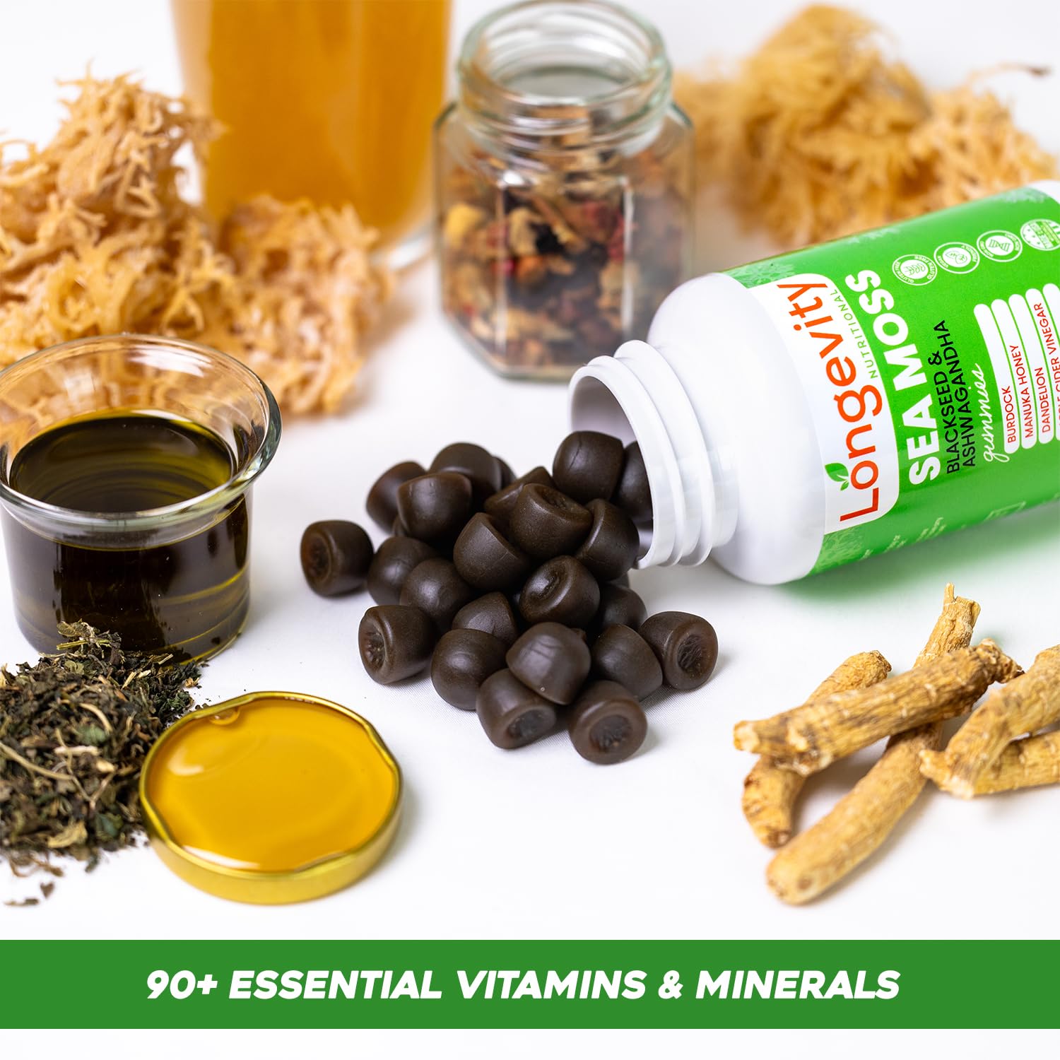 Longevity Nutritional Sea Moss, Thyroid Energy Vitamins Mineral Burdock Manuka Honey Dandelion Apple Cider Bladderwrack Ashwagandha Extract Turmeric Antioxidant Boost Immune Superfood Gummies - TrustMedUSA
