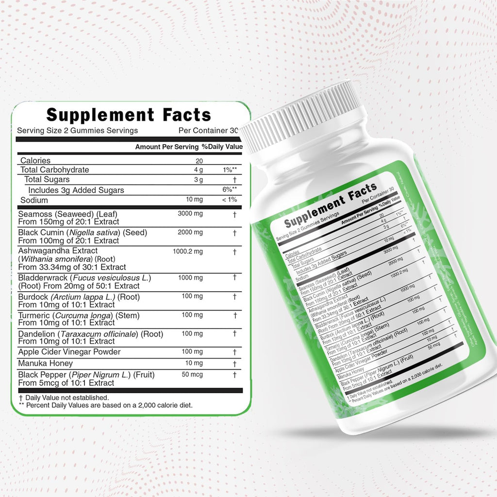 Longevity Nutritional Sea Moss, Thyroid Energy Vitamins Mineral Burdock Manuka Honey Dandelion Apple Cider Bladderwrack Ashwagandha Extract Turmeric Antioxidant Boost Immune Superfood Gummies - TrustMedUSA
