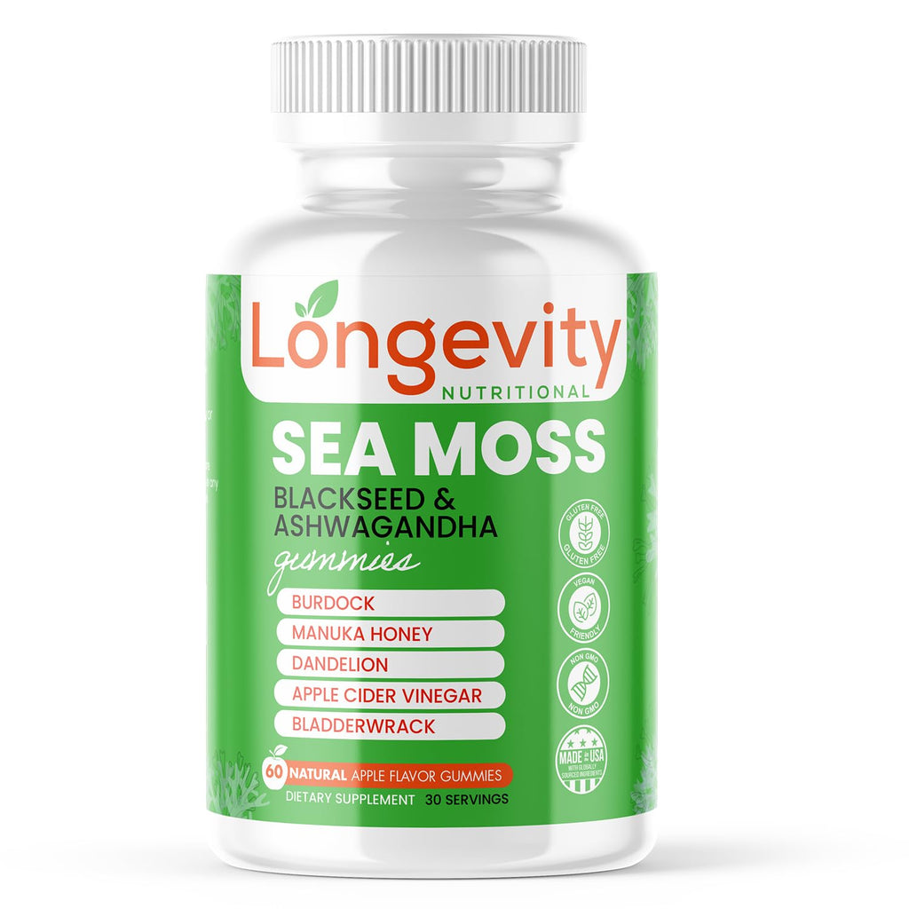 Longevity Nutritional Sea Moss, Thyroid Energy Vitamins Mineral Burdock Manuka Honey Dandelion Apple Cider Bladderwrack Ashwagandha Extract Turmeric Antioxidant Boost Immune Superfood Gummies - TrustMedUSA