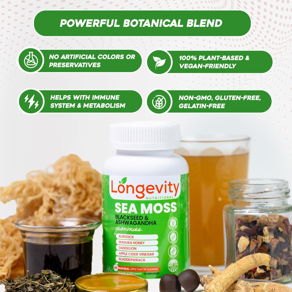 Longevity Nutritional Sea Moss, Thyroid Energy Vitamins Mineral Burdock Manuka Honey Dandelion Apple Cider Bladderwrack Ashwagandha Extract Turmeric Antioxidant Boost Immune Superfood Gummies - TrustMedUSA