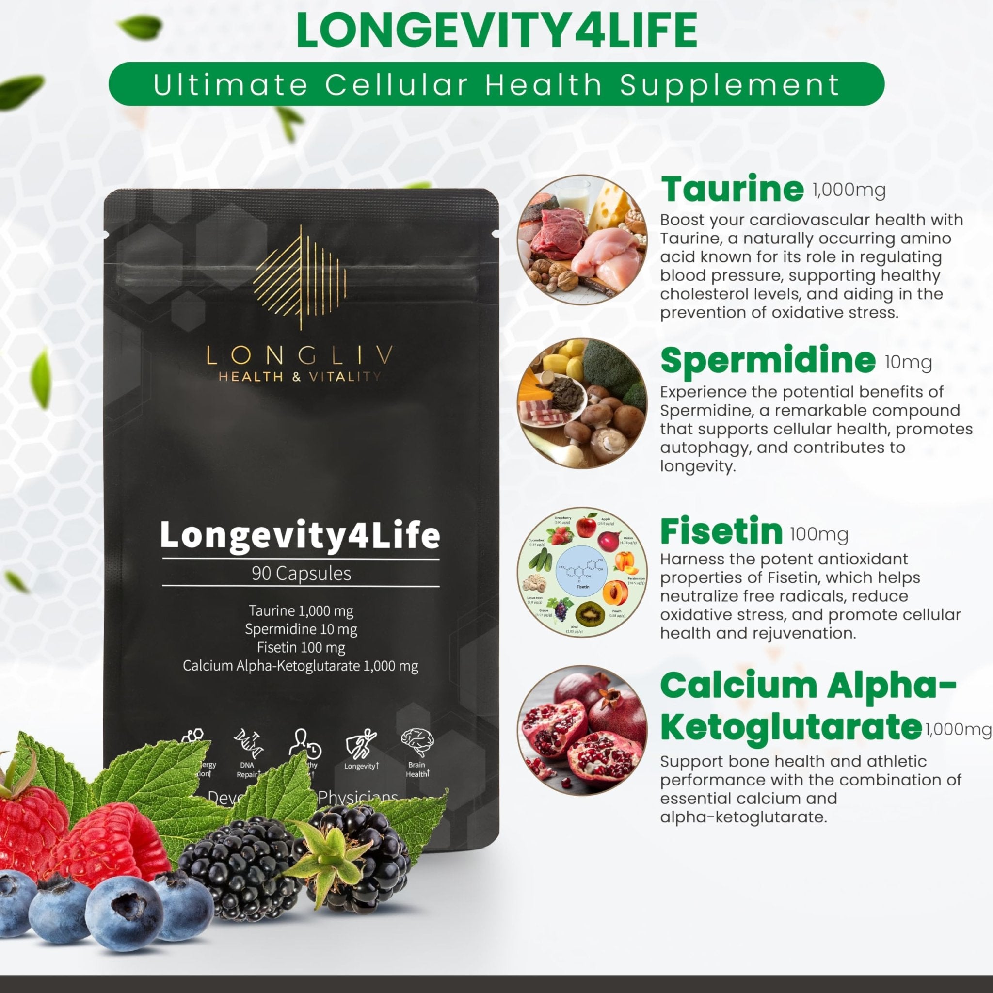 Longevity4Life - Ultimate Cellular Health Supplement - Fisetin, Taurine, Calcium Alpha-Ketoglutarate, and Spermidine Capsules for Longevity and Vitality - Made in USA - Physician Formulated - TrustMedUSA