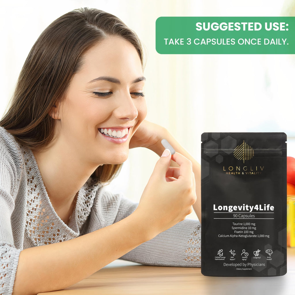 Longevity4Life - Ultimate Cellular Health Supplement - Fisetin, Taurine, Calcium Alpha-Ketoglutarate, and Spermidine Capsules for Longevity and Vitality - Made in USA - Physician Formulated - TrustMedUSA