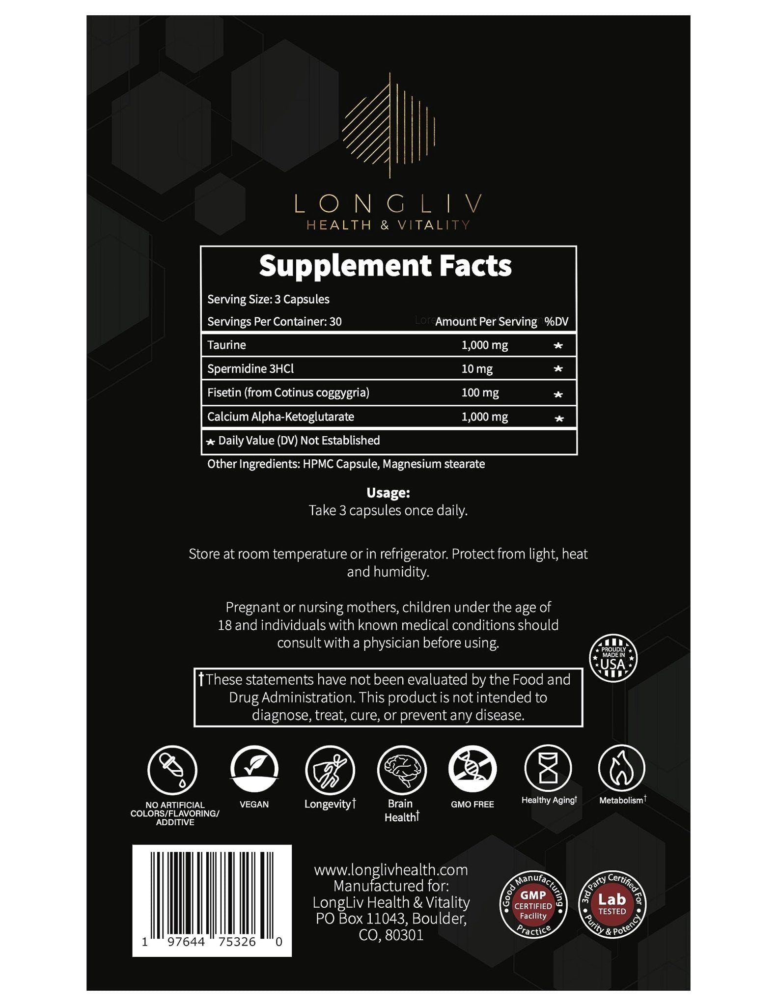Longevity4Life - Ultimate Cellular Health Supplement - Fisetin, Taurine, Calcium Alpha-Ketoglutarate, and Spermidine Capsules for Longevity and Vitality - Made in USA - Physician Formulated - TrustMedUSA