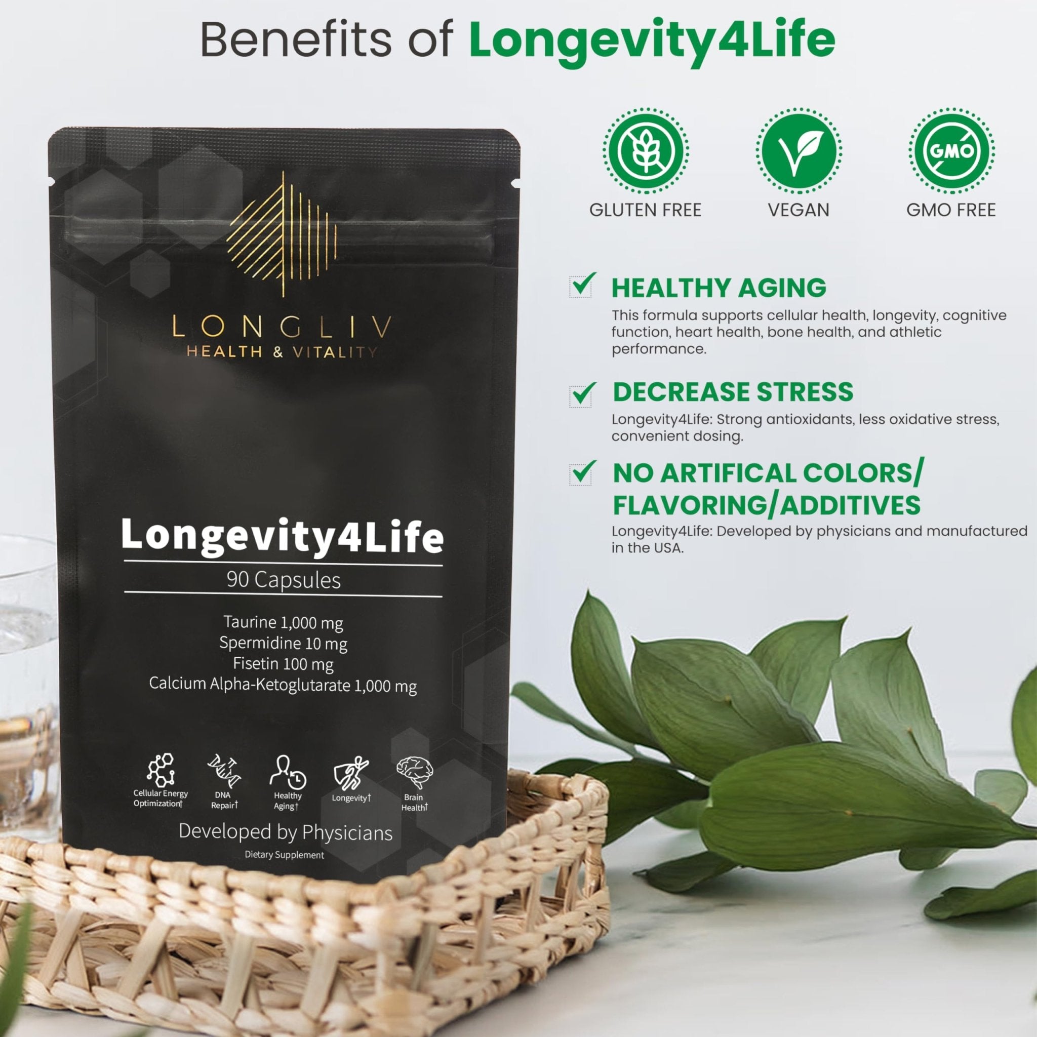 Longevity4Life - Ultimate Cellular Health Supplement - Fisetin, Taurine, Calcium Alpha-Ketoglutarate, and Spermidine Capsules for Longevity and Vitality - Made in USA - Physician Formulated - TrustMedUSA