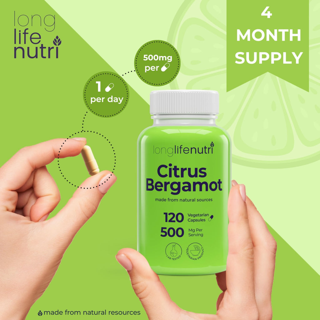 LongLifeNutri Citrus Bergamot Extract 500mg - 120 Vegetarian Capsules, 40% Polyphenolic Flavanones, 4-Month Supply, Plant-Based Anti-Oxidant, Tested, Made in USA - TrustMedUSA