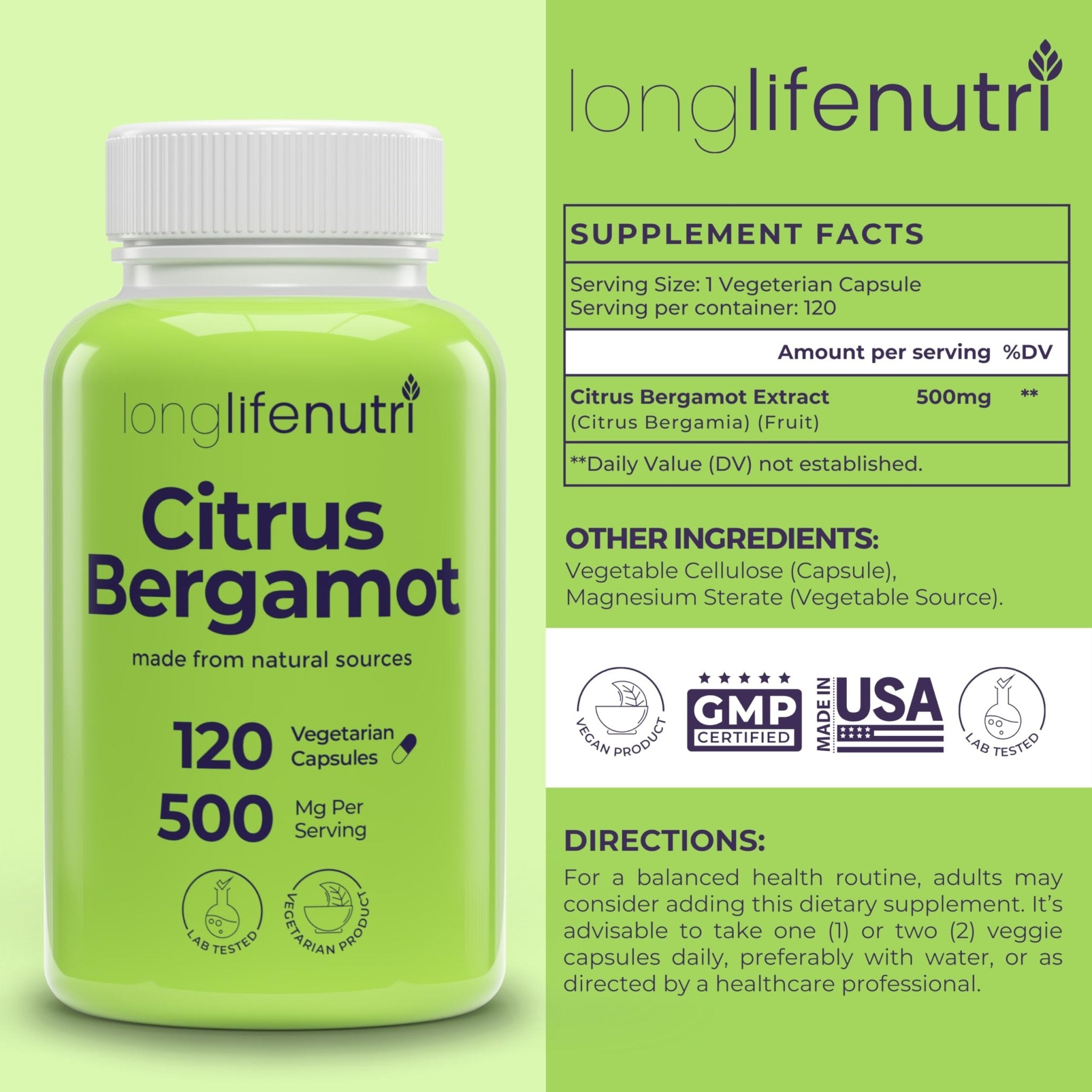 LongLifeNutri Citrus Bergamot Extract 500mg - 120 Vegetarian Capsules, 40% Polyphenolic Flavanones, 4-Month Supply, Plant-Based Anti-Oxidant, Tested, Made in USA - TrustMedUSA