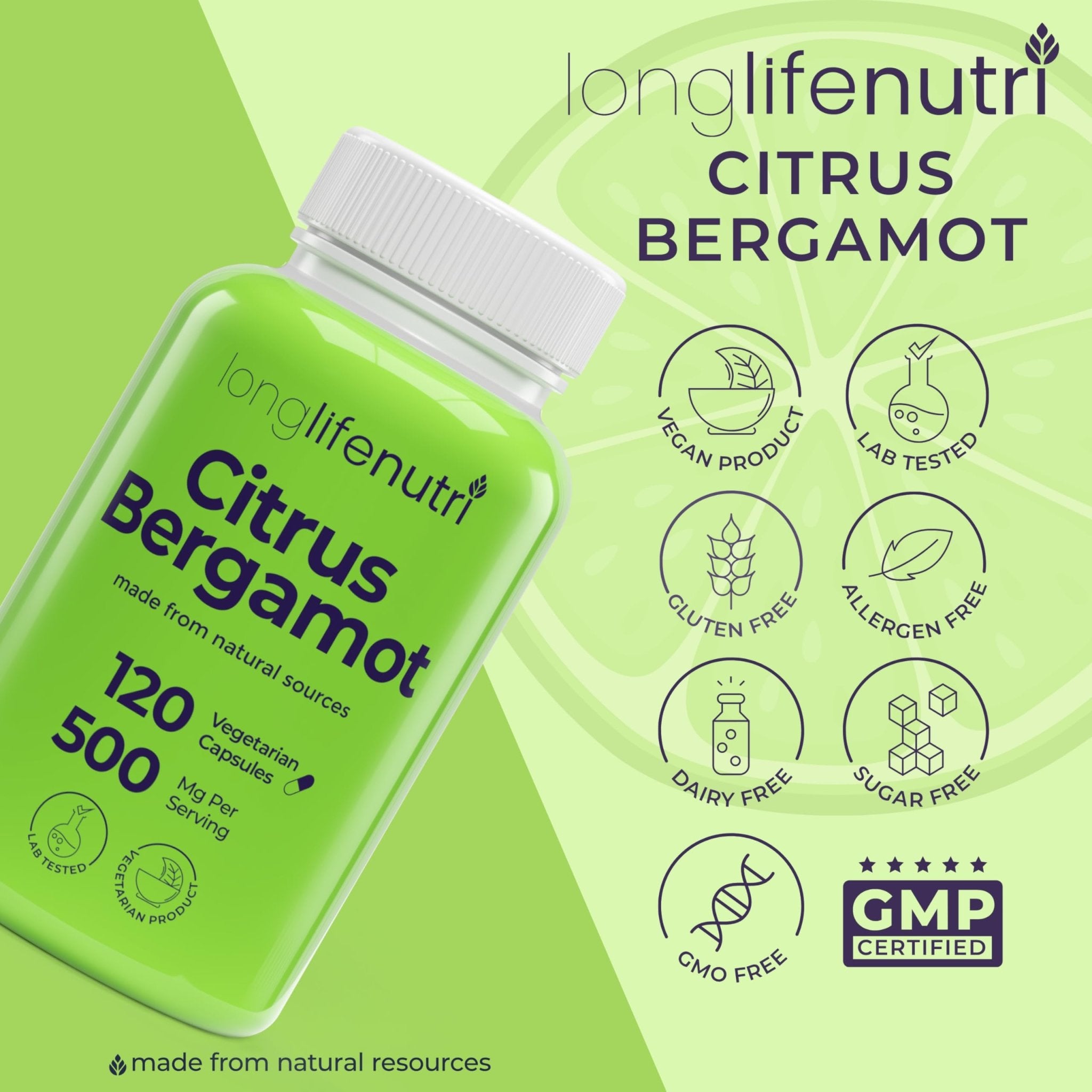LongLifeNutri Citrus Bergamot Extract 500mg - 120 Vegetarian Capsules, 40% Polyphenolic Flavanones, 4-Month Supply, Plant-Based Anti-Oxidant, Tested, Made in USA - TrustMedUSA
