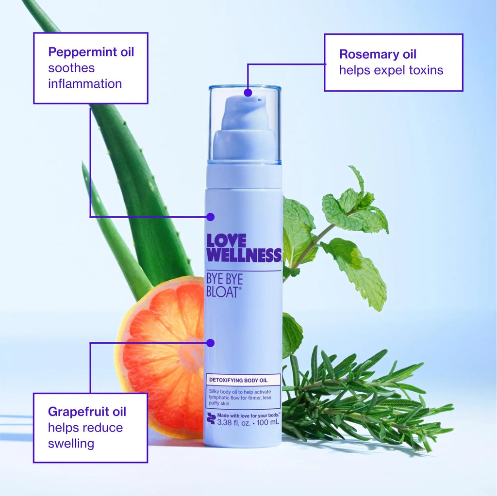 Love Wellness Bye Bye Bloat Detoxifying Body Oil | Lymphatic Drainage Oil to Hydrate, Depuff & Awaken Skin | Reduce Swelling Massage Oil for Women with Peppermint, Grapefruit & Rosemary Oil |100 mL - TrustMedUSA