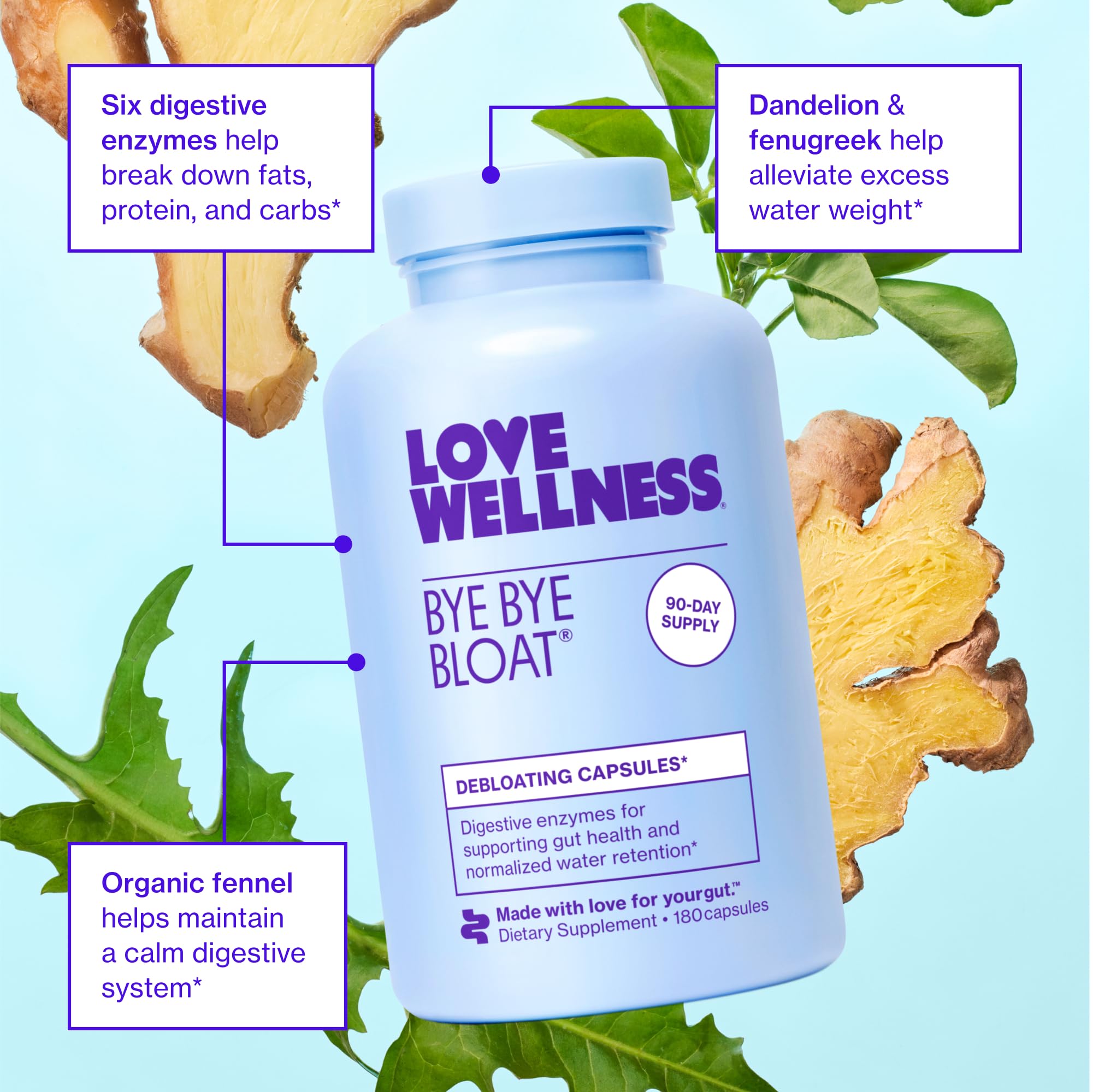 Love Wellness Bye Bye Bloat, Digestive Enzymes | Bloating Relief for Women | Help Reduce Gas Relief & Water Retention | Supports Digestive Health with Fenugreek & Dandelion | 180 Count - Maple Wellness Supplements