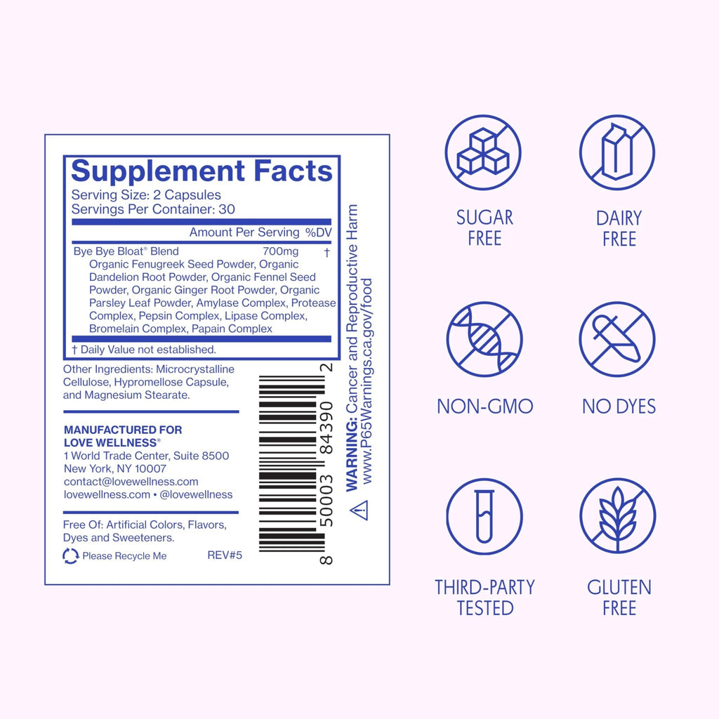 Love Wellness Bye Bye Bloat | Digestive Enzymes for Fast Acting Bloating Relief for Women | Helps Reduce Water Retention & Gas Relief | Supports Digestive Health with Fenugreek & Dandelion | 60 Count - Maple Wellness Supplements