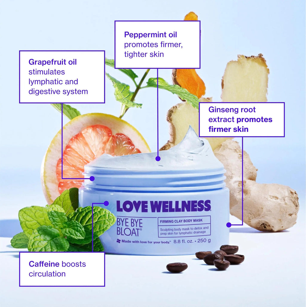 Love Wellness Bye Bye Bloat Firming Clay Body Mask | Lymphatic Drainage Body Mask for Women | Support Bloating Relief, Skin Hydration & Boost Circulation | Caffeine, Grapefruit & Peppermint Oil | 250g - TrustMedUSA