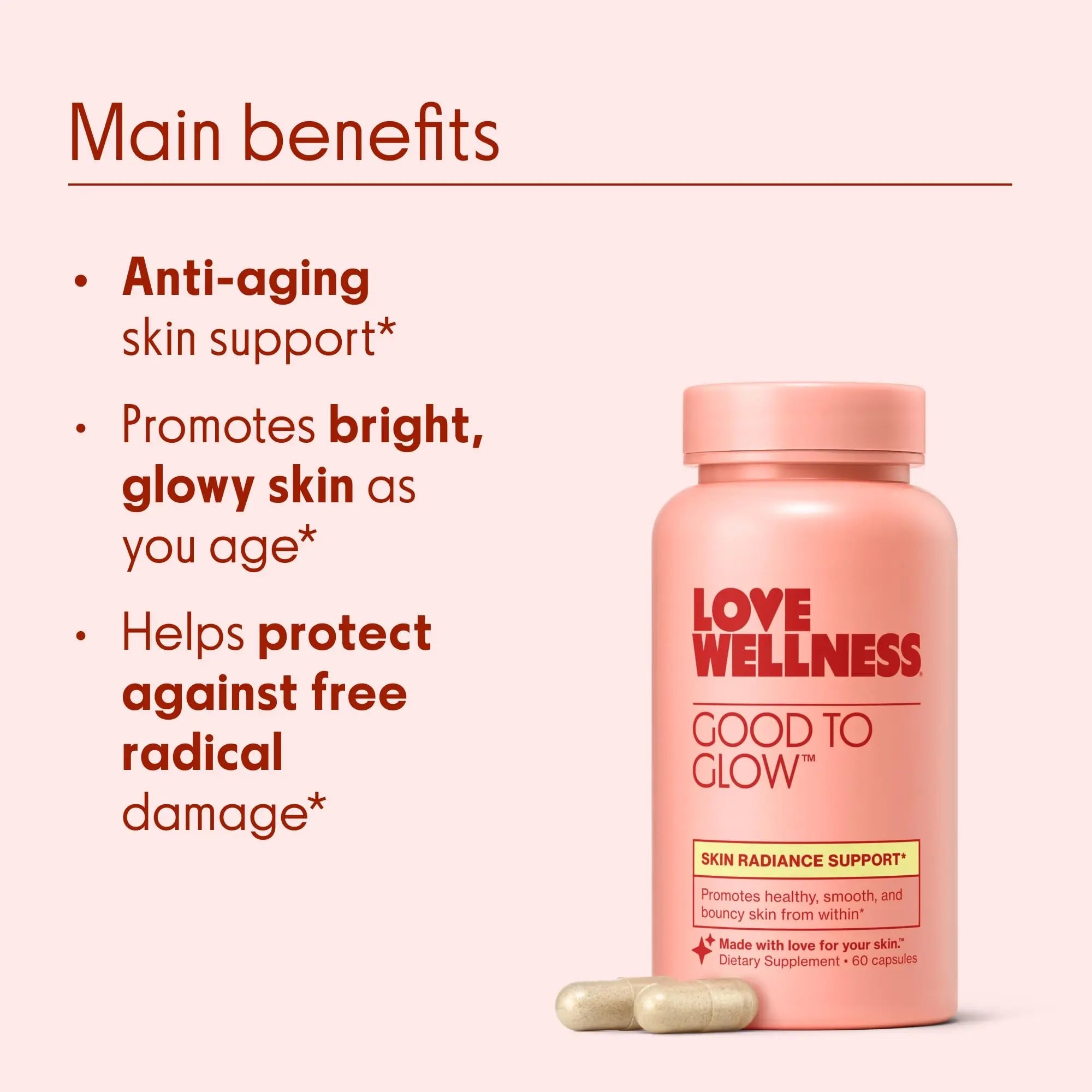 Love Wellness Good to Glow | Collagen Supplement with Biotin, Vitamin C, E, Ashwagandha & Zinc | Promotes Smooth, Glowing & Clear Skin | Enhances Smoothness & Promotes Healthy Skin | 60 Count - TrustMedUSA