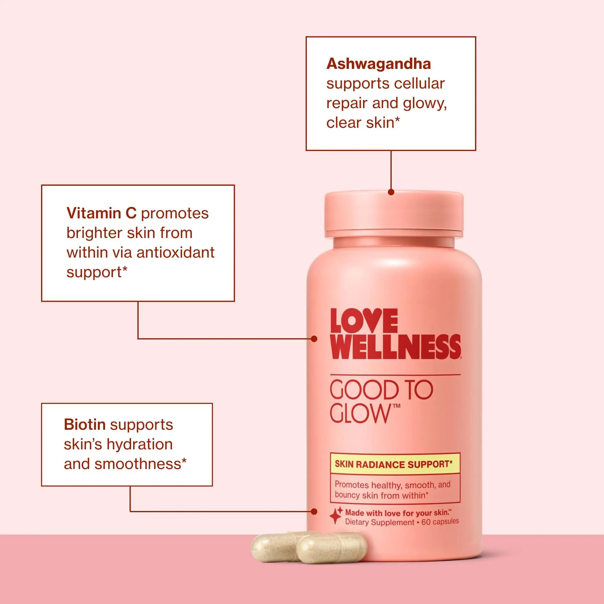 Love Wellness Good to Glow | Collagen Supplement with Biotin, Vitamin C, E, Ashwagandha & Zinc | Promotes Smooth, Glowing & Clear Skin | Enhances Smoothness & Promotes Healthy Skin | 60 Count - TrustMedUSA
