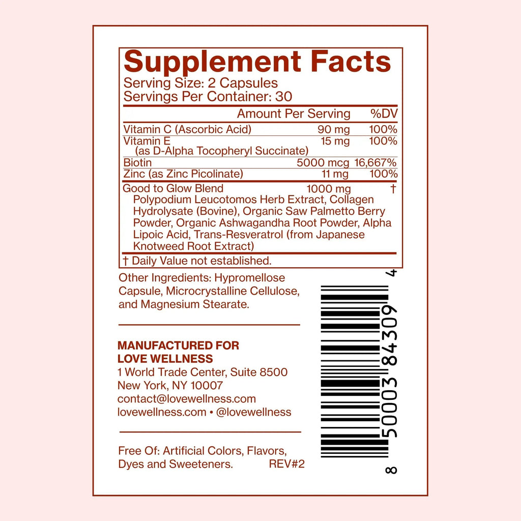 Love Wellness Good to Glow | Collagen Supplement with Biotin, Vitamin C, E, Ashwagandha & Zinc | Promotes Smooth, Glowing & Clear Skin | Enhances Smoothness & Promotes Healthy Skin | 60 Count - TrustMedUSA