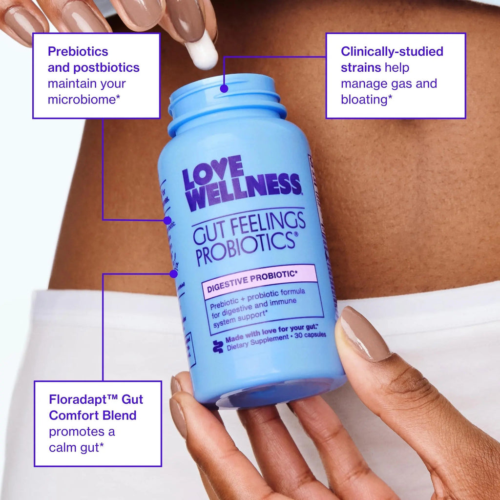 Love Wellness Gut Feelings Probiotic | Gut Health for Women, Digestion Relief & Immune Support Supplement | Womens Probiotic for Gas Relief | 3 Billion CFU | Safe Prebiotic and Postbiotic | 30 Count - TrustMedUSA