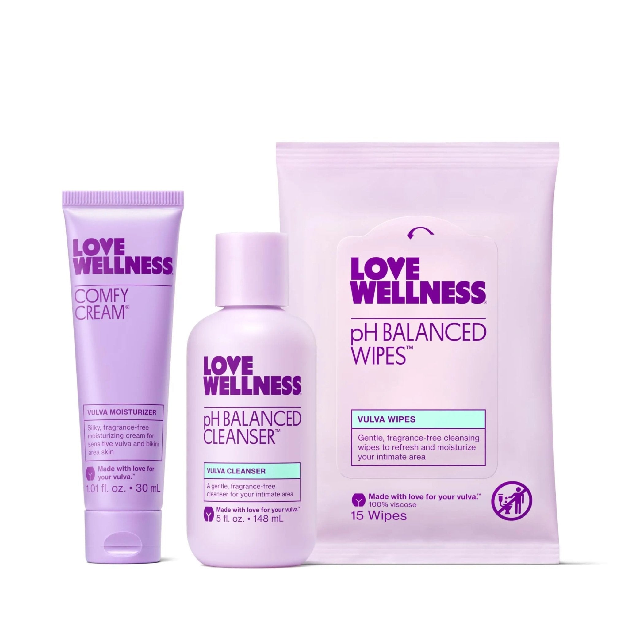 Love Wellness Skincare for Down There Bundle | Gentle pH Balancing Cleanser, Moisturizing Comfy Cream & Refreshing Wipes | Feminine Care for pH Balance, Dry & Sensitive Vulva | Fragrance-Free - TrustMedUSA