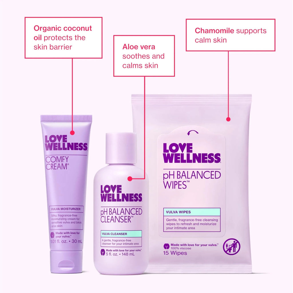 Love Wellness Skincare for Down There Bundle | Gentle pH Balancing Cleanser, Moisturizing Comfy Cream & Refreshing Wipes | Feminine Care for pH Balance, Dry & Sensitive Vulva | Fragrance-Free - TrustMedUSA