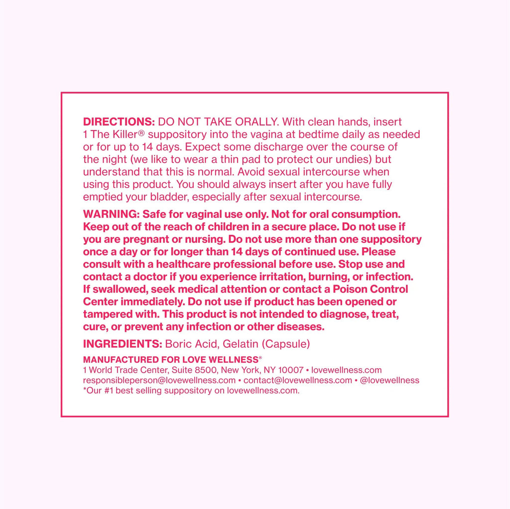 Love Wellness The Killer | 600mg Boric Acid Vaginal Suppositories | Balances pH & Supports Odor Control, a Healthy Vaginal Balance | Fast-Acting & Fragrance-Free | Gentle & Effective | 28 Ct - TrustMedUSA