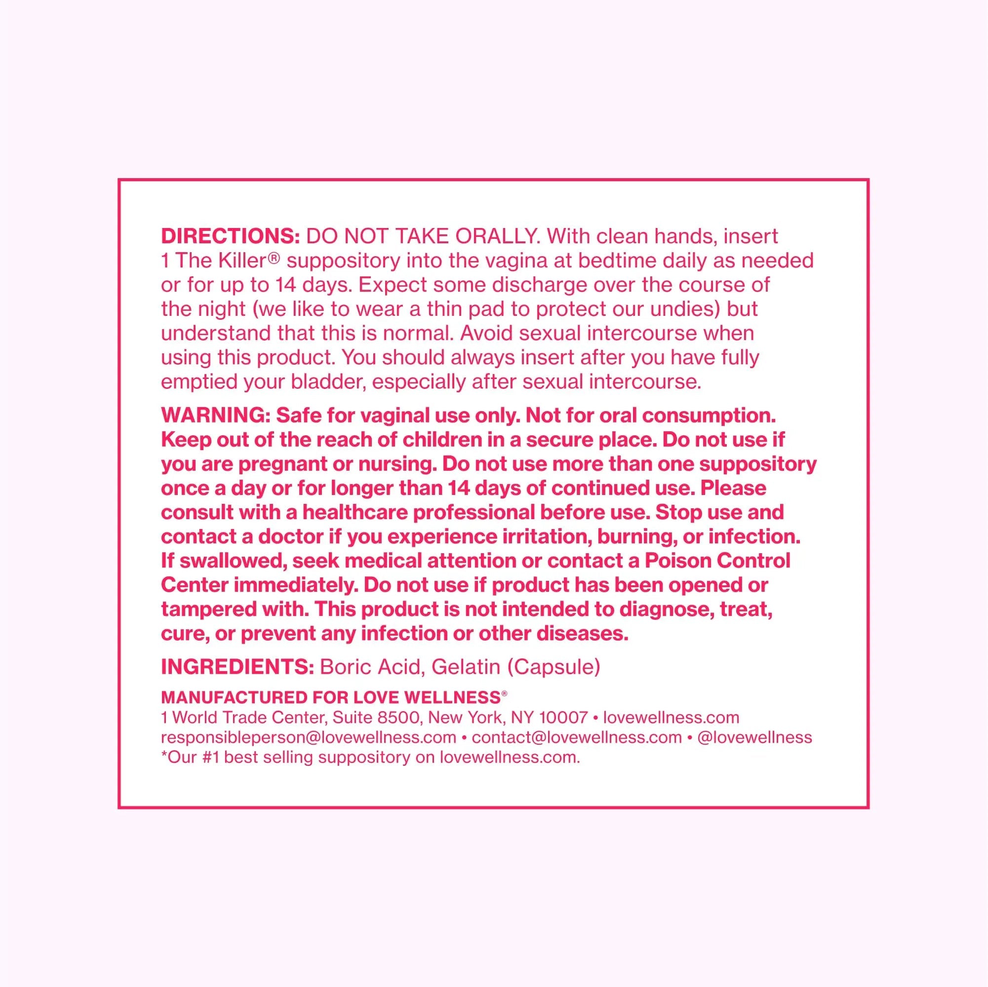 Love Wellness The Killer | 600mg Boric Acid Vaginal Suppositories | Balances pH & Supports Odor Control, a Healthy Vaginal Balance | Fast-Acting & Fragrance-Free | Gentle & Effective | 28 Ct - TrustMedUSA