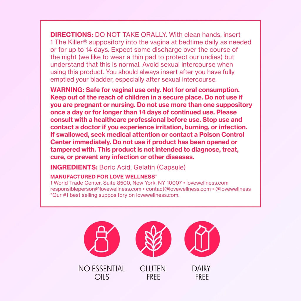 Love Wellness The Killer | Boric Acid Vaginal Suppositories | Balances pH & Supports Odor Control, a Healthy Vaginal Balance and Environment | Fast-Acting & Fragrance-Free | Gentle & Effective | 14 Ct - TrustMedUSA