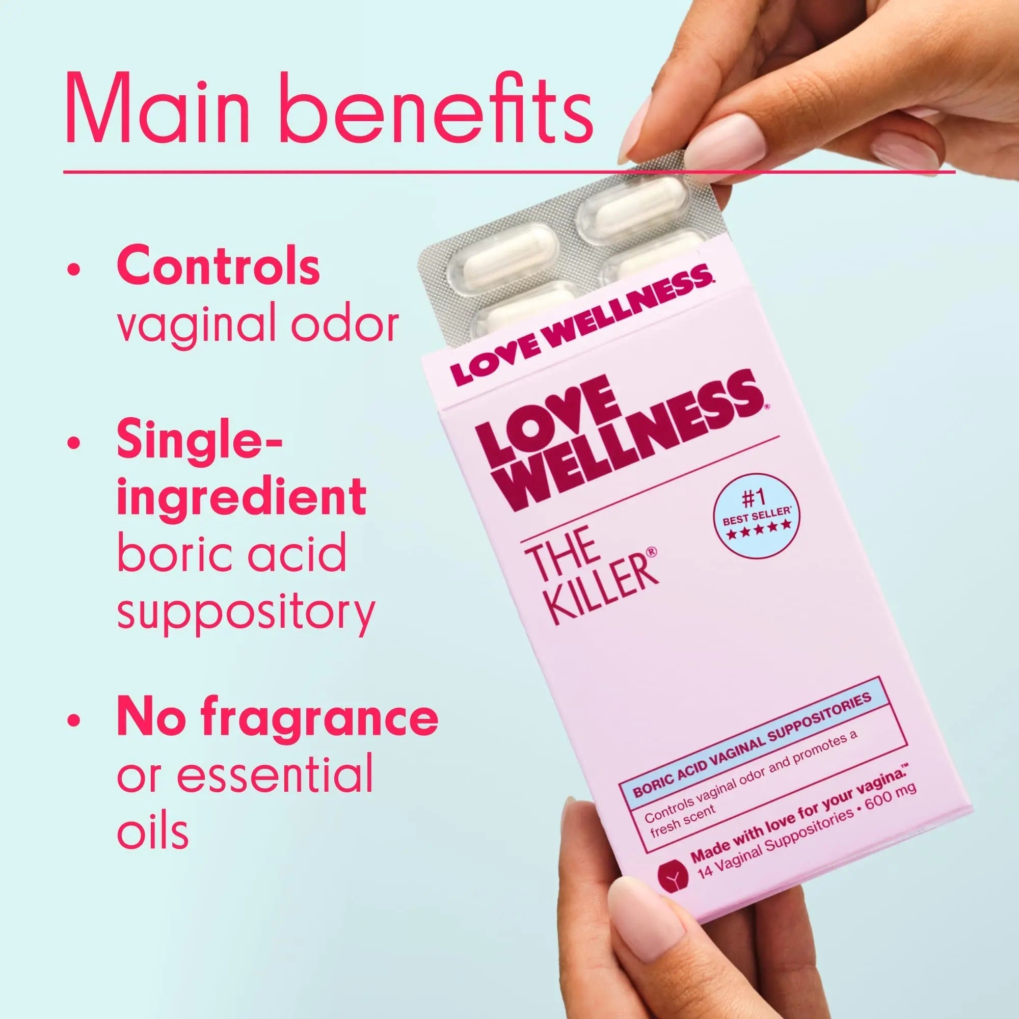 Love Wellness The Killer | Boric Acid Vaginal Suppositories | Balances pH & Supports Odor Control, a Healthy Vaginal Balance and Environment | Fast-Acting & Fragrance-Free | Gentle & Effective | 14 Ct - TrustMedUSA