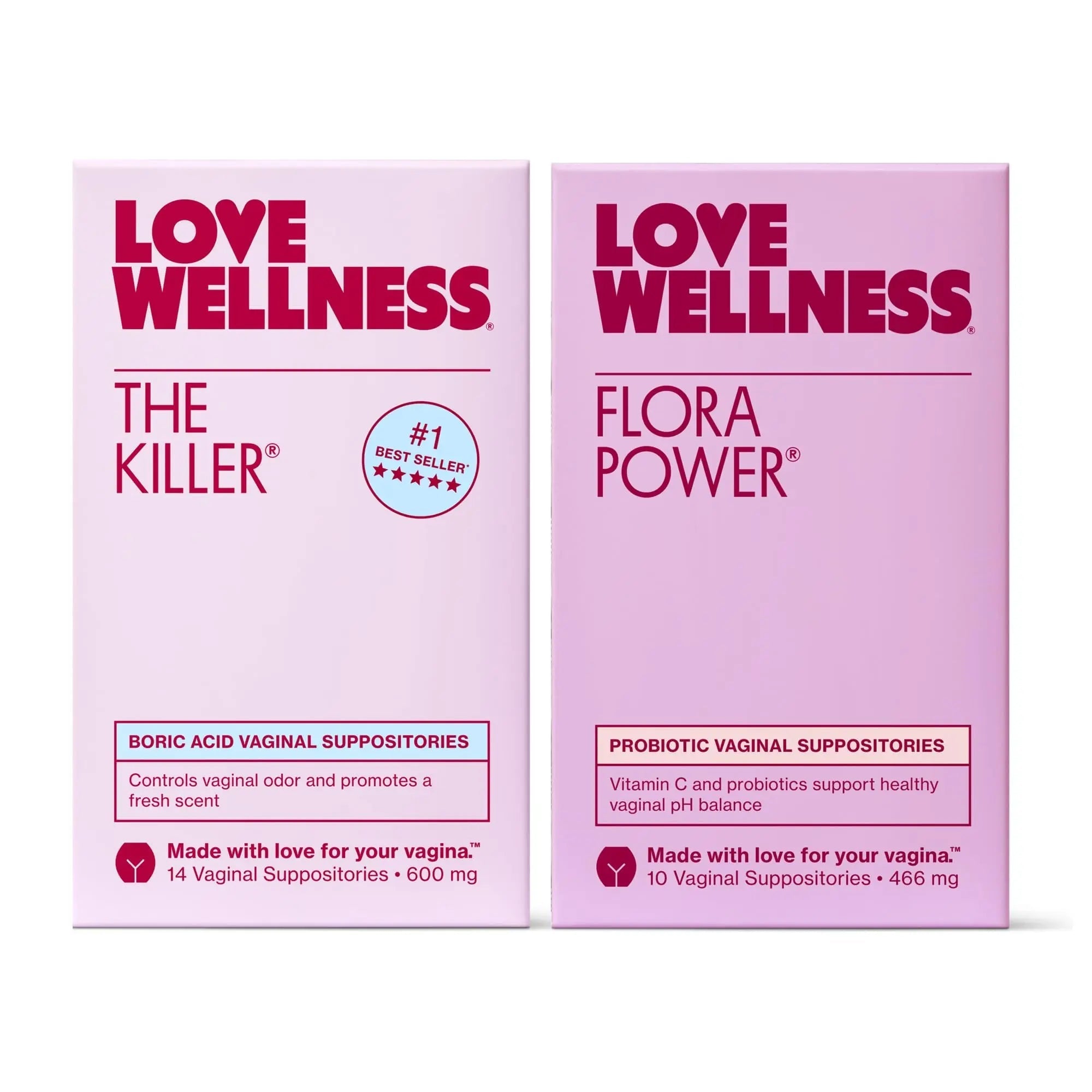 Love Wellness The Killer & Flora Power | Vaginal Suppository Duo with Boric Acid, Probiotics & Vitamin C | Supports pH Balance, Odor Control & Feminine Health | Fragrance-Free, Non-GMO & Paraben Free - TrustMedUSA