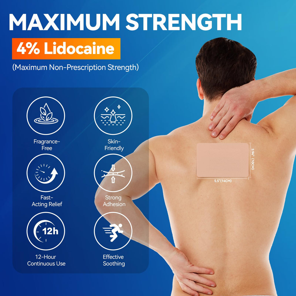 LOVPTFER 4% Lidocaine Pain Relief Patches – Maximum Strength Pain Patches, 12-Hour Long-Lasting Relief for Back, Neck, Shoulder & Joint Pain, Fast-Acting,–40 Count, 5.5” x 3.94” - TrustMedUSA