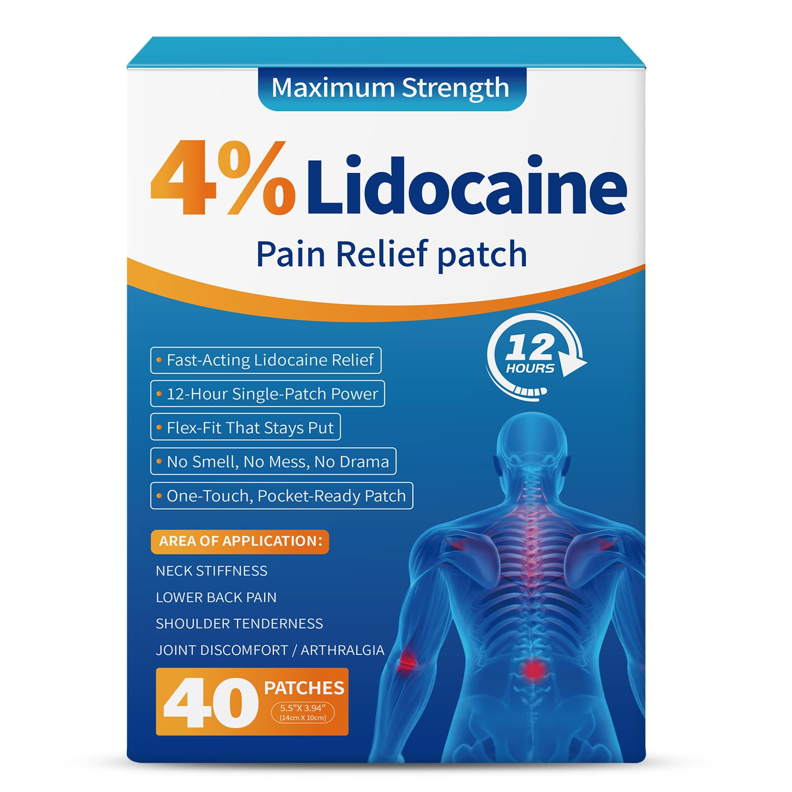 LOVPTFER 4% Lidocaine Pain Relief Patches – Maximum Strength Pain Patches, 12-Hour Long-Lasting Relief for Back, Neck, Shoulder & Joint Pain, Fast-Acting,–40 Count, 5.5” x 3.94” - TrustMedUSA