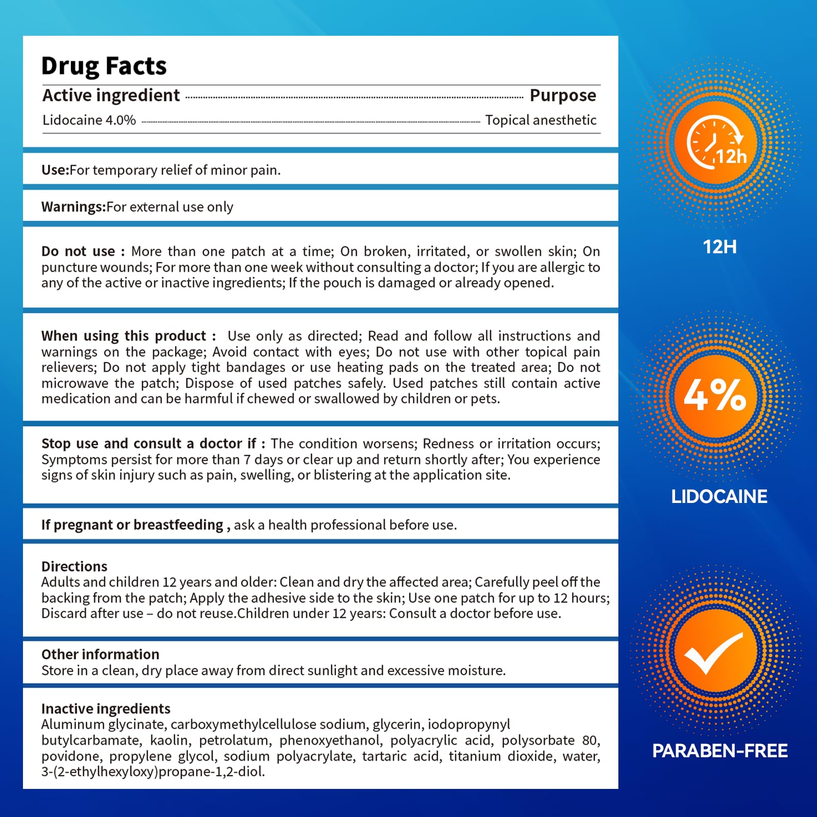 LOVPTFER 4% Lidocaine Pain Relief Patches – Maximum Strength Pain Patches, 12-Hour Long-Lasting Relief for Back, Neck, Shoulder & Joint Pain, Fast-Acting,–40 Count, 5.5” x 3.94” - TrustMedUSA