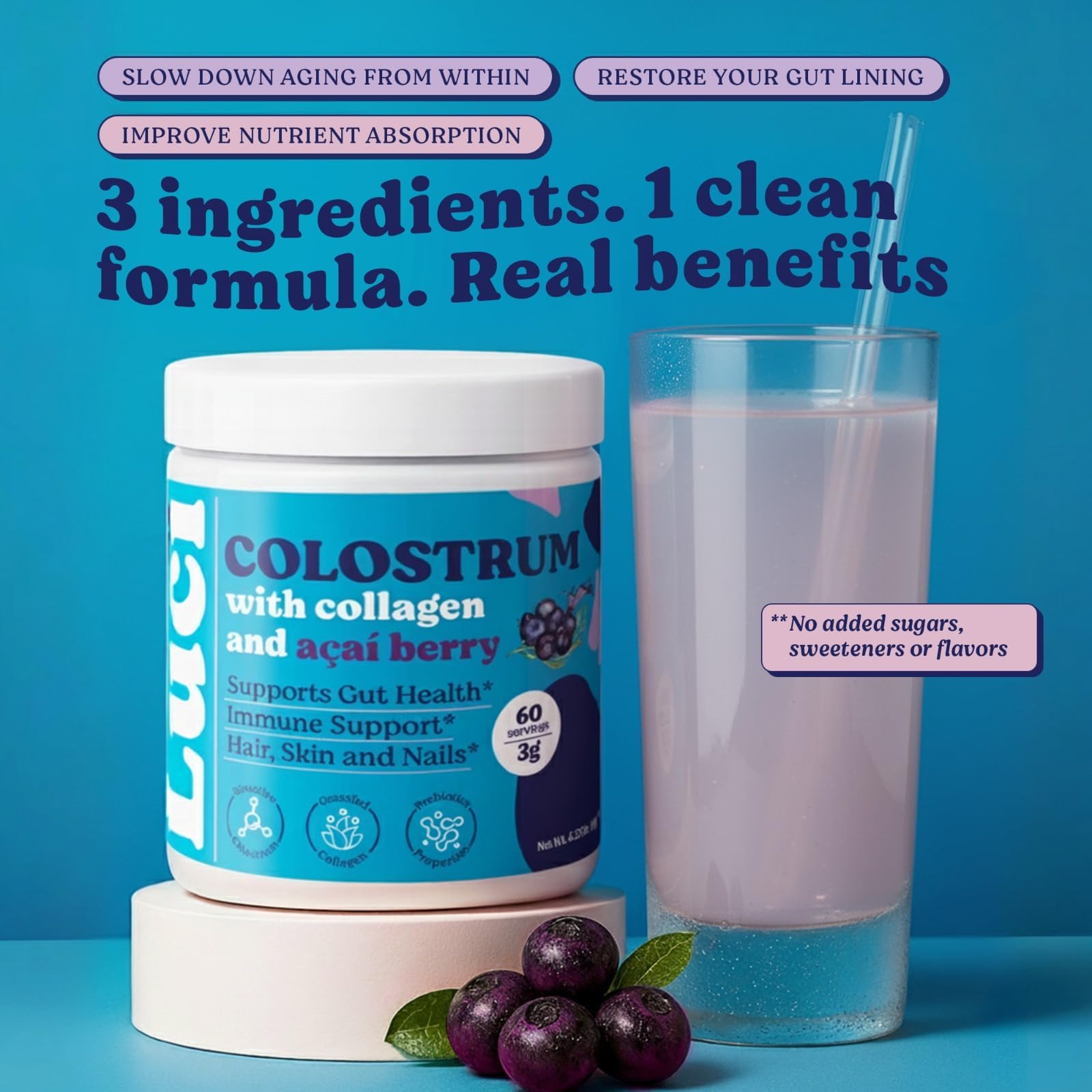 Luci Colostrum Powder 60 Servings, 3 in 1 with Collagen Peptides and Acai, Bovine Colostrum for Gut Health, Bloating, Collagen Protein for Muscle, Skin, Hair, Nails and Immunity, Gluten & Fat Free - TrustMedUSA