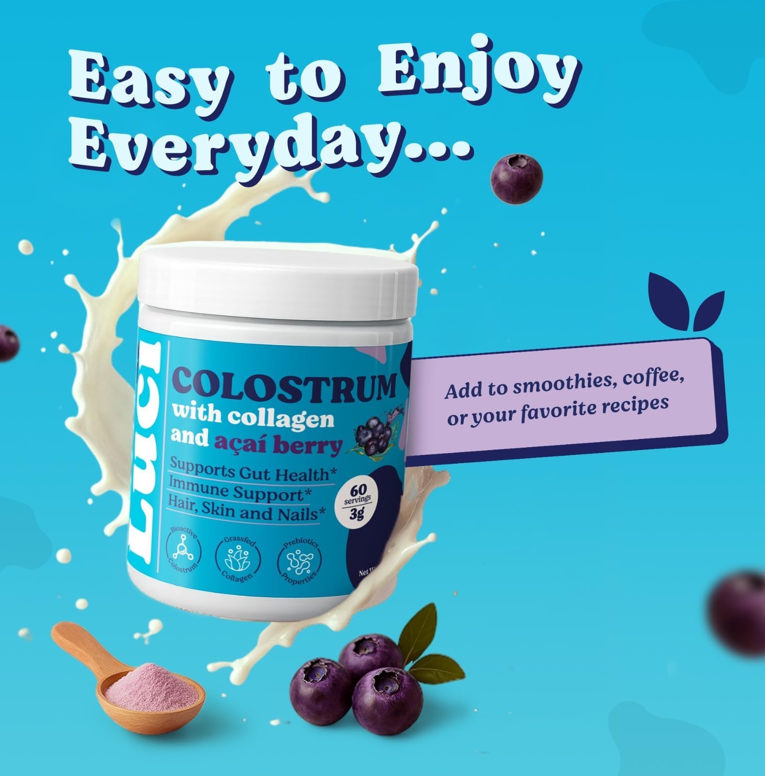 Luci Colostrum Powder 60 Servings, 3 in 1 with Collagen Peptides and Acai, Bovine Colostrum for Gut Health, Bloating, Collagen Protein for Muscle, Skin, Hair, Nails and Immunity, Gluten & Fat Free - TrustMedUSA