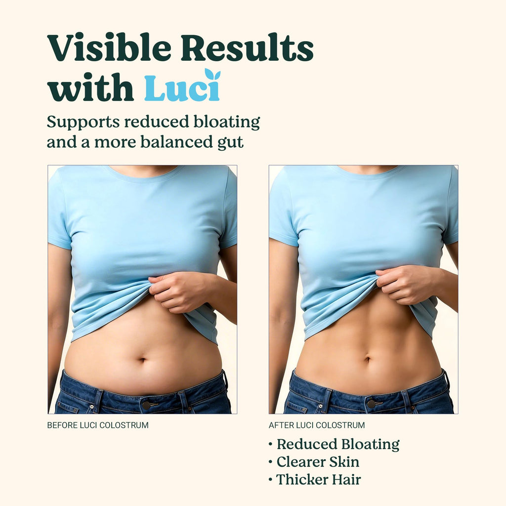 Luci Colostrum Powder 60 Servings, 3 in 1 with Collagen Peptides and Acai, Bovine Colostrum for Gut Health, Bloating, Collagen Protein for Muscle, Skin, Hair, Nails and Immunity, Gluten & Fat Free - TrustMedUSA