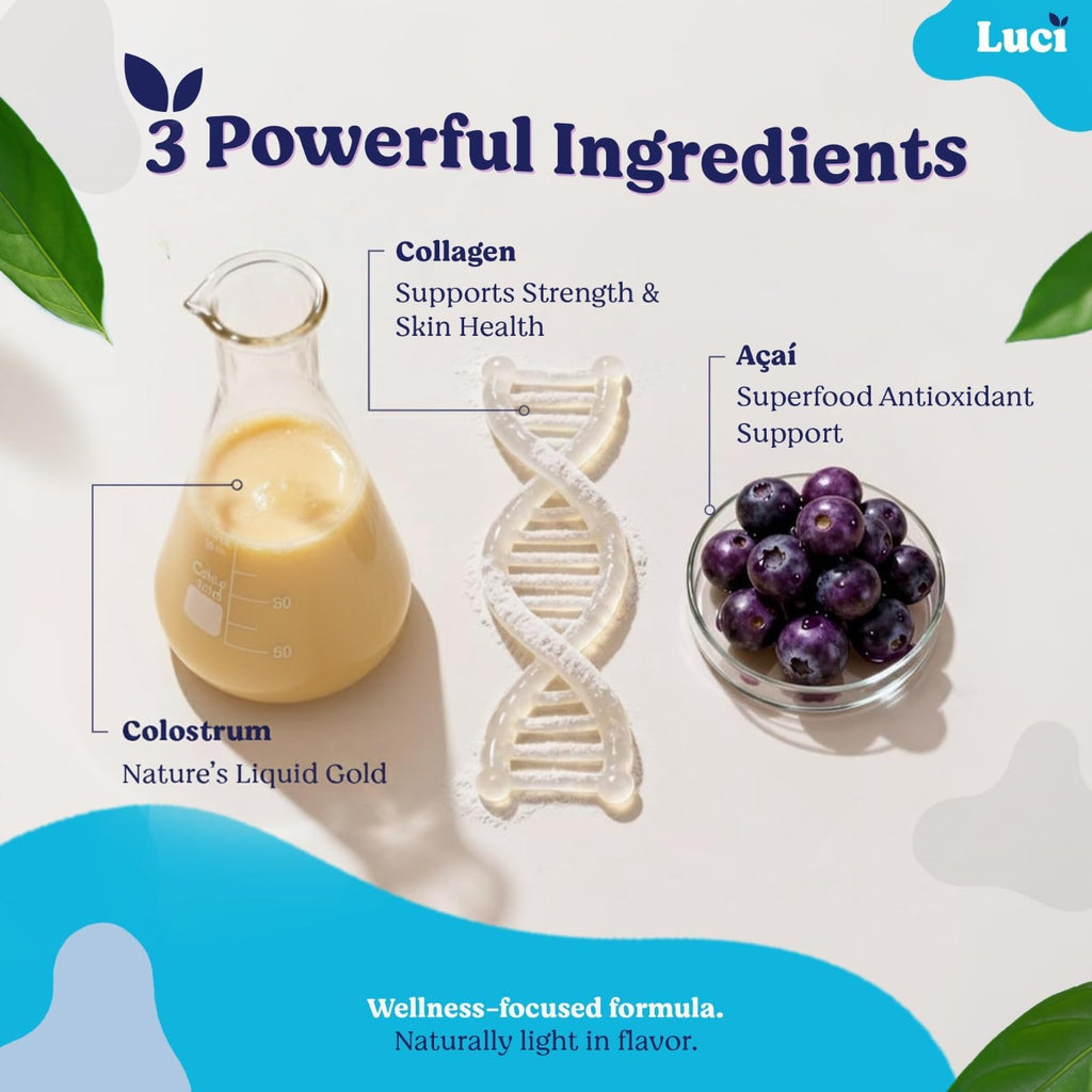 Luci Colostrum Powder 60 Servings, 3 in 1 with Collagen Peptides and Acai, Bovine Colostrum for Gut Health, Bloating, Collagen Protein for Muscle, Skin, Hair, Nails and Immunity, Gluten & Fat Free - TrustMedUSA