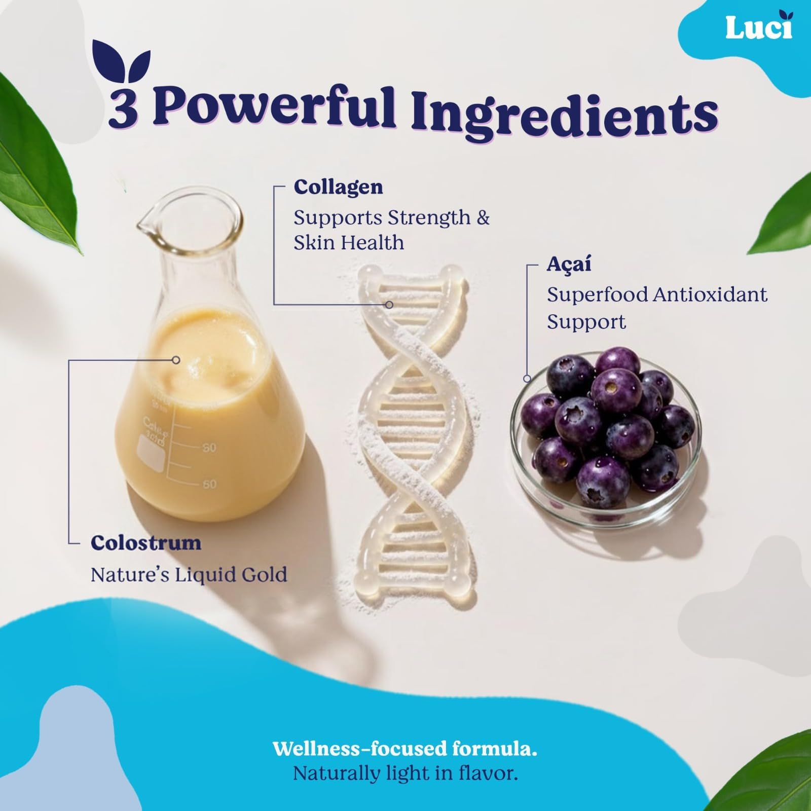 Luci Colostrum Powder 60 Servings, 3 in 1 with Collagen Peptides and Acai, Bovine Colostrum for Gut Health, Bloating, Collagen Protein for Muscle, Skin, Hair, Nails and Immunity, Gluten & Fat Free - TrustMedUSA
